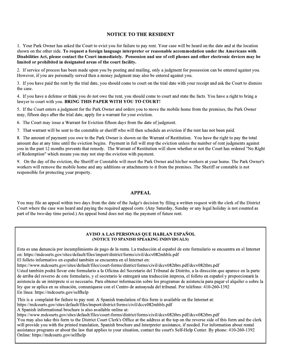 Form DC-CV-082MH Failure to Pay Rent - Park Owners Complaint for Repossession of Rented Property Real Property 8a-1701 - Maryland, Page 4