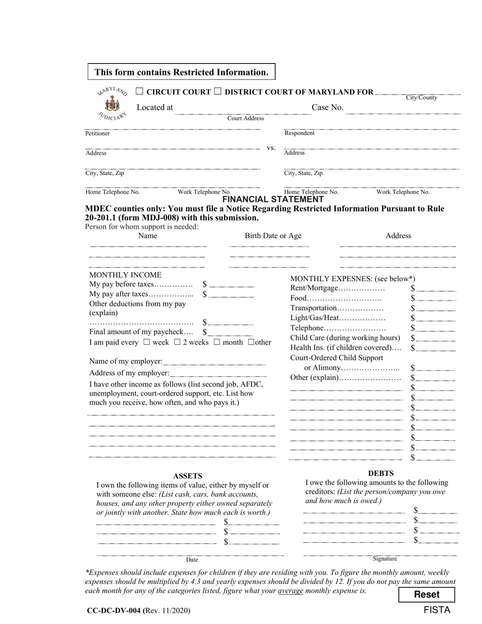 Form CC-DC-DV-004 Financial Statement - Maryland, Page 1