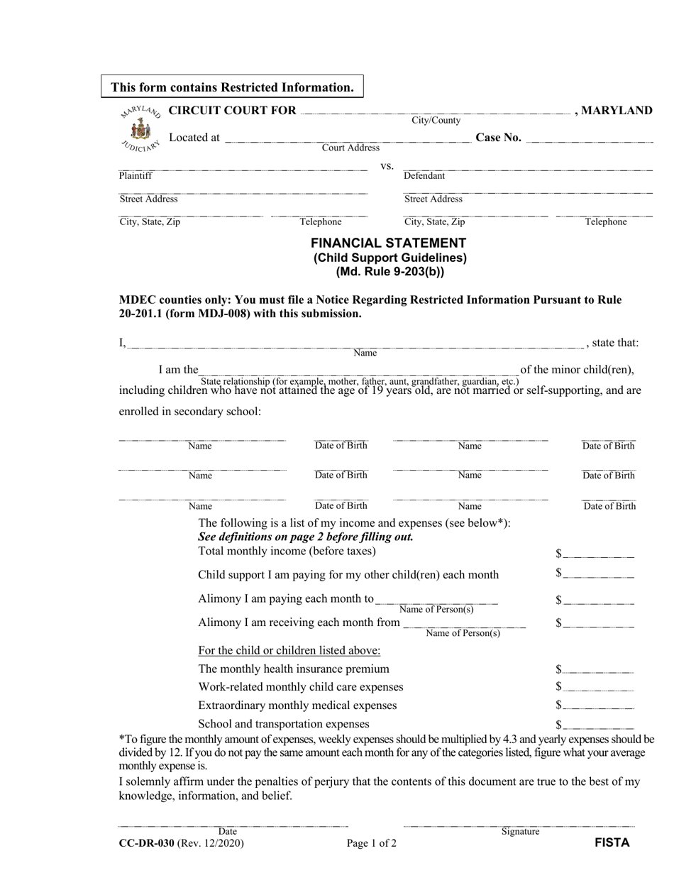 Form CC-DR-030 Financial Statement (Child Support Guidelines) - Maryland, Page 1