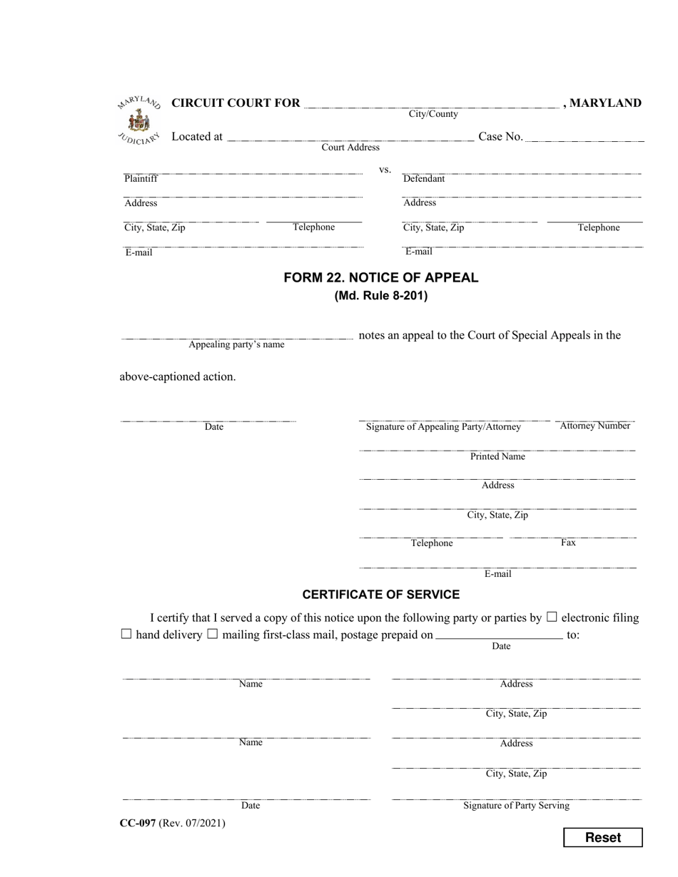 Form 22 (CC-097) Notice of Appeal - Maryland, Page 1