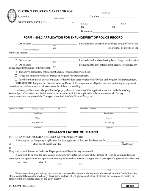 Form 4-503.3 (4-503.4; DC-CR-071) Application for Expungement of Police Record - Maryland