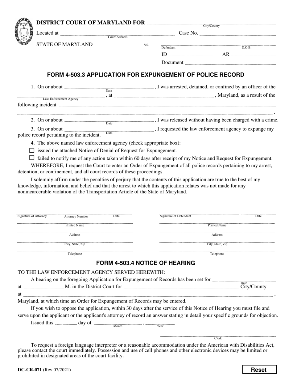 Form 4-503.3 (4-503.4; DC-CR-071) Application for Expungement of Police Record - Maryland, Page 1