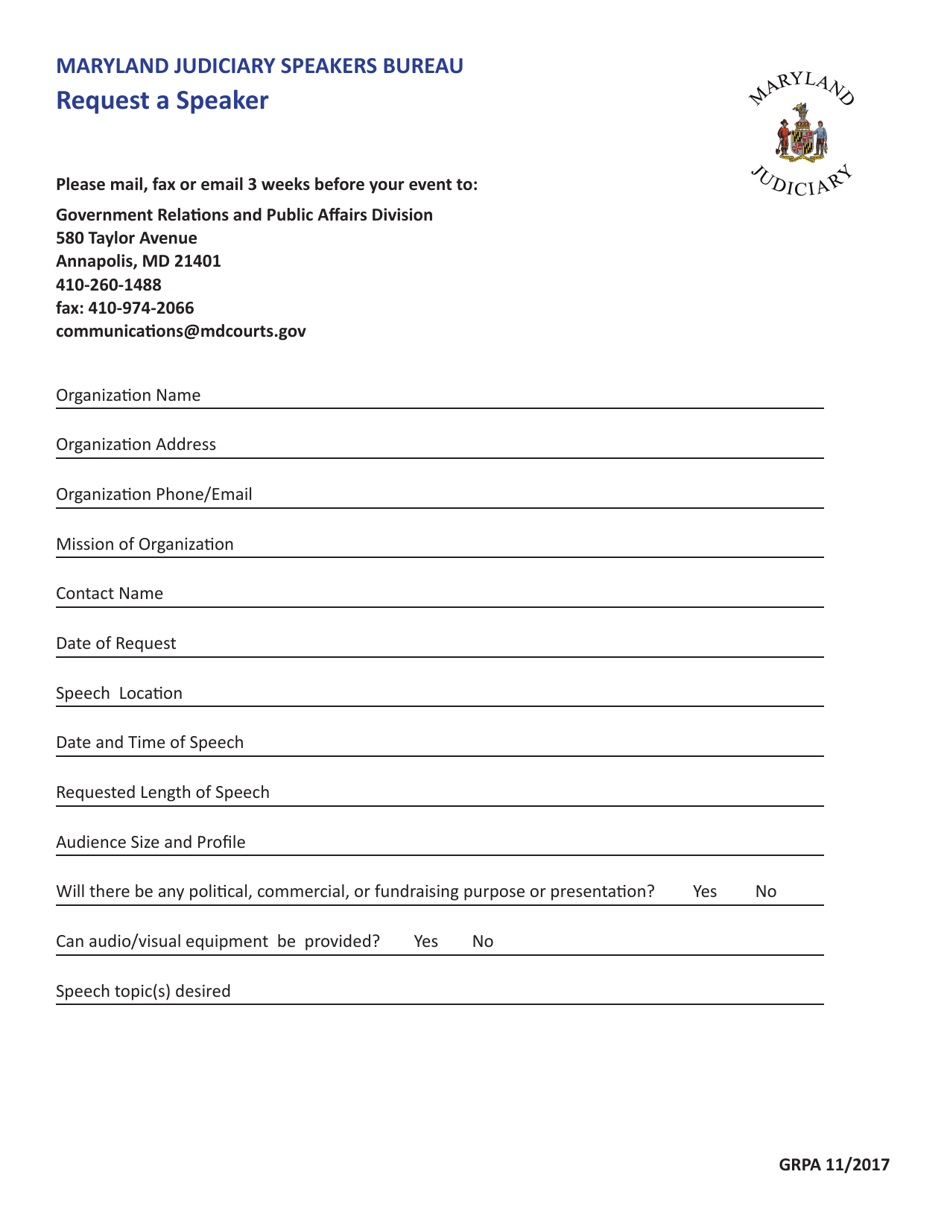 Maryland Maryland Judiciary Speakers Bureau Speaker Request Form