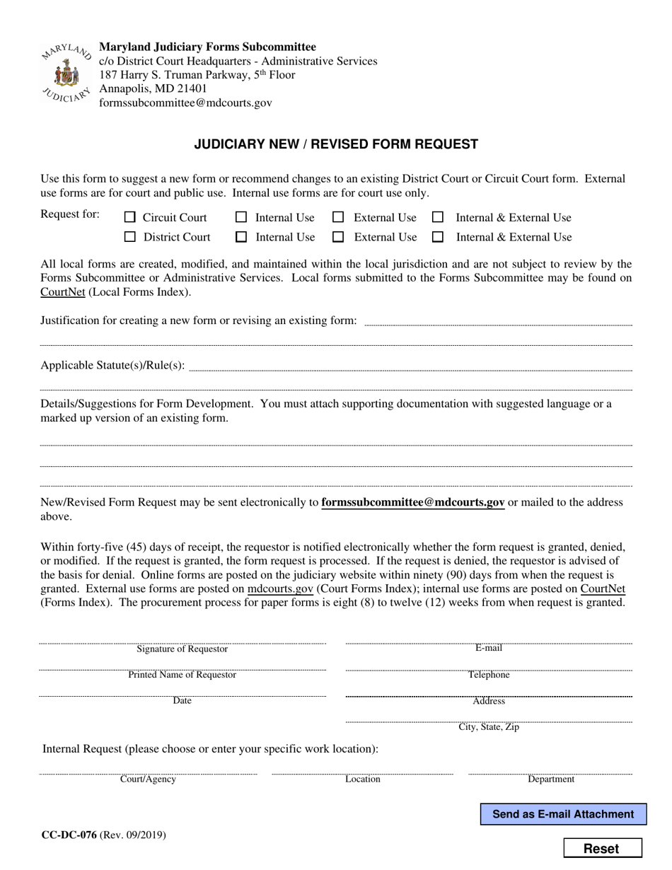 Form CC-DC-076 Judiciary New / Revised Form Request - Maryland, Page 1