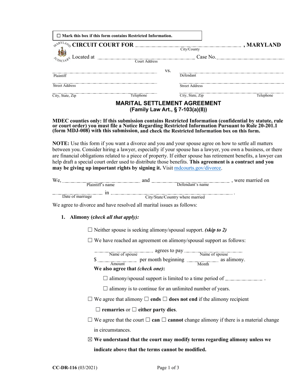 Form CC-DR-116 Marital Settlement Agreement - Maryland, Page 1