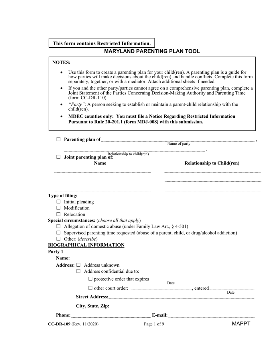 Form CC-DR-109 Maryland Parenting Plan Tool - Maryland, Page 1