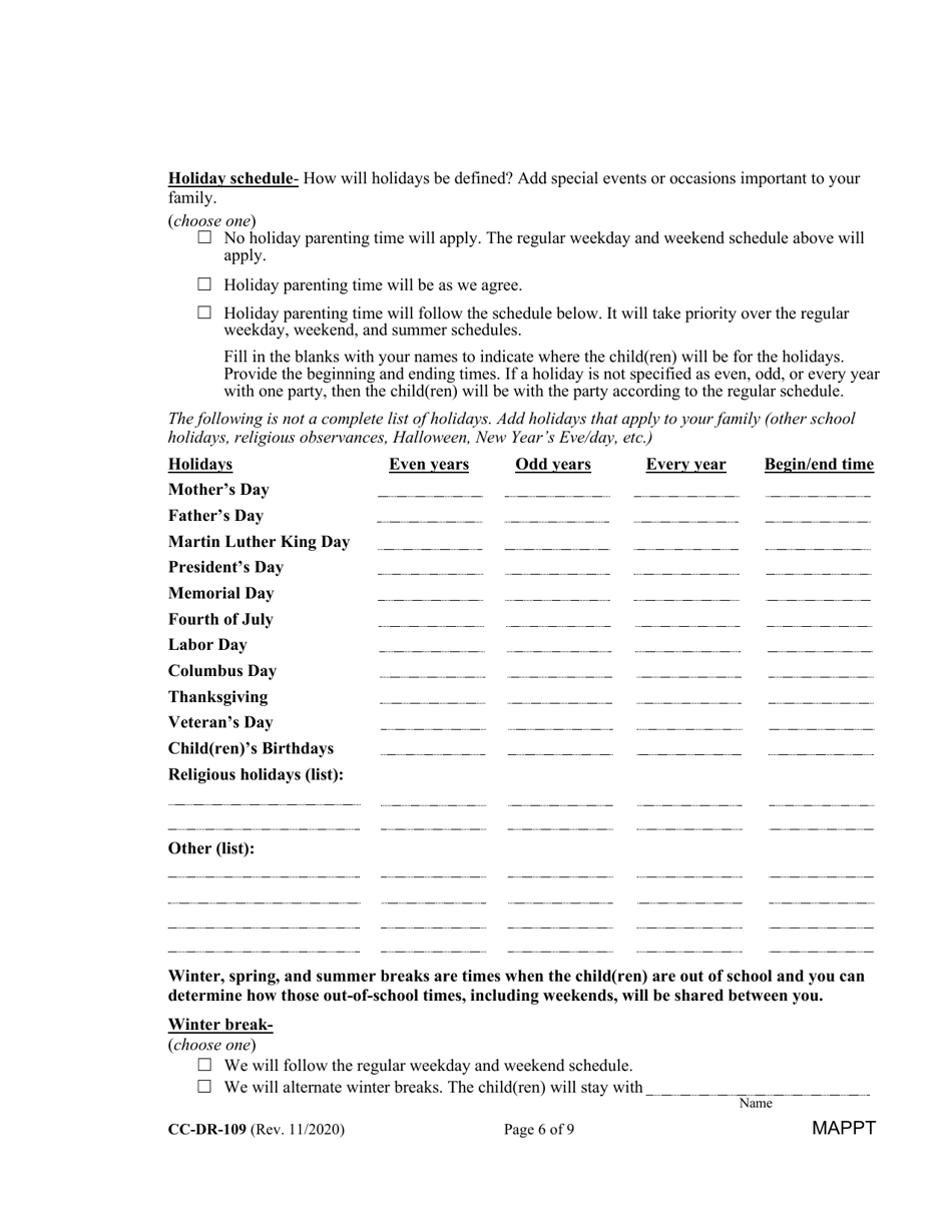 Form CC-DR-109 Maryland Parenting Plan Tool - Maryland, Page 6