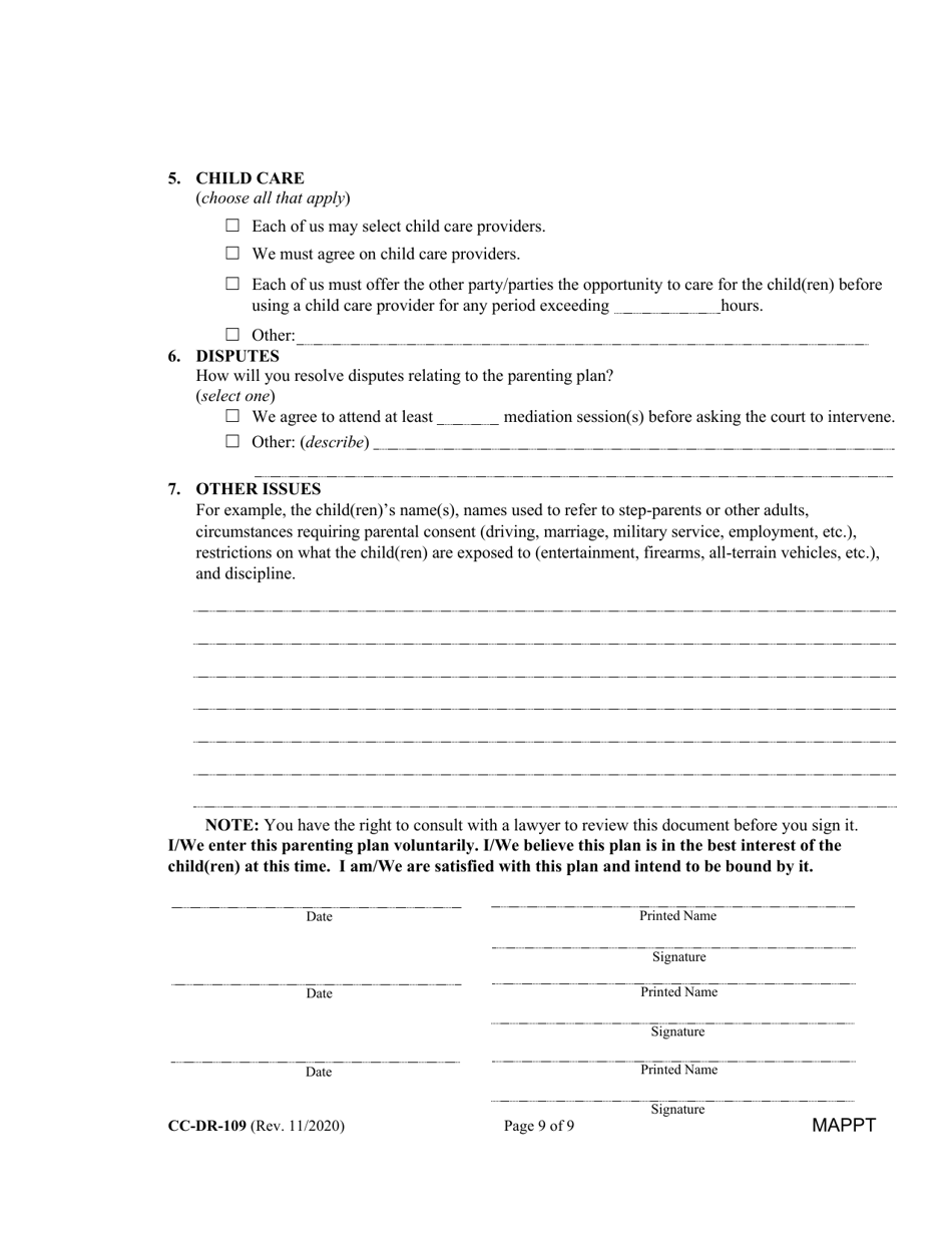 Form CC-DR-109 Maryland Parenting Plan Tool - Maryland, Page 9