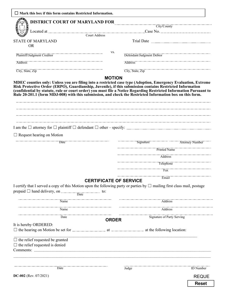 Form DC-002 Motion / Certificate of Service / Order - Maryland, Page 1