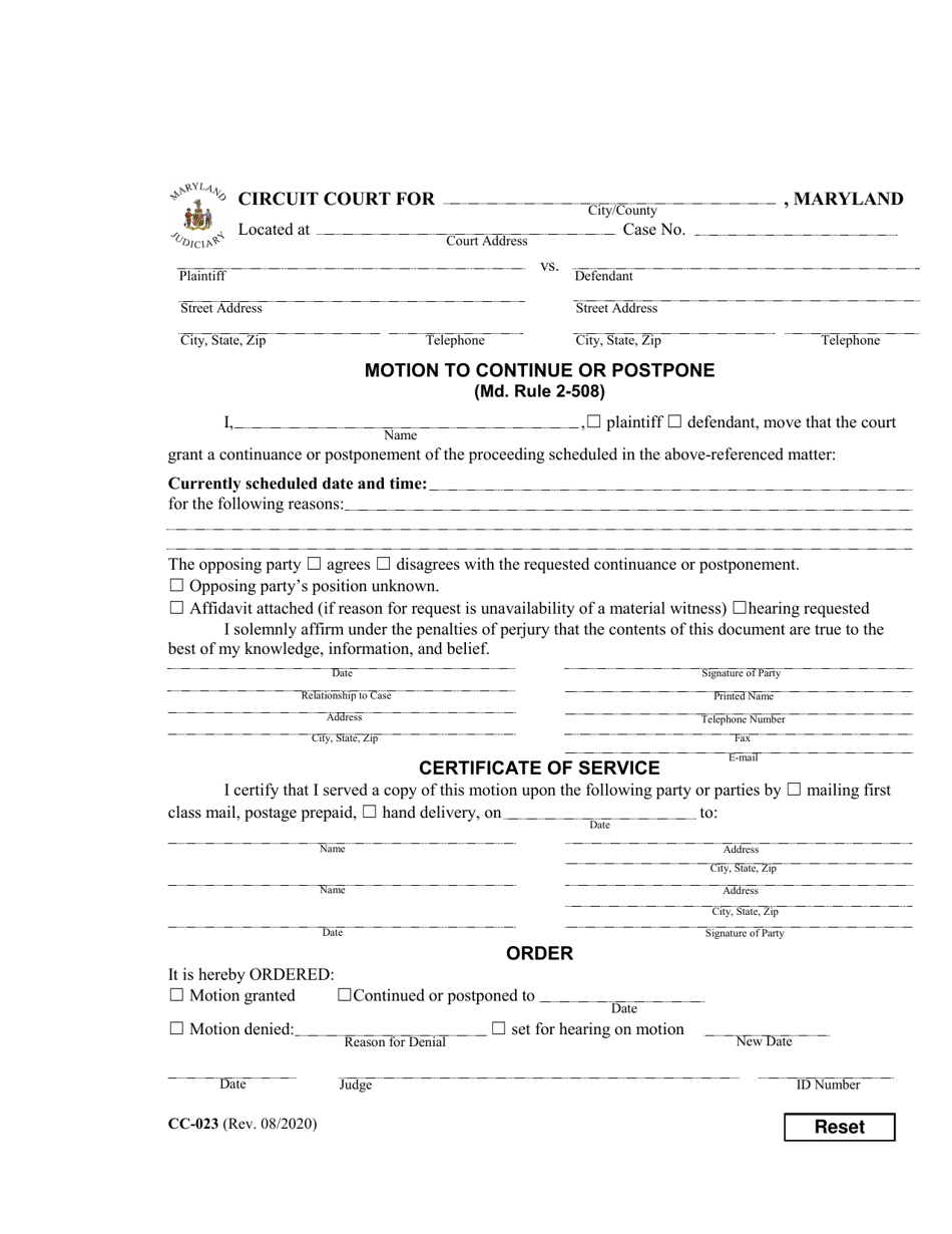 Form CC-023 Motion to Continue or Postpone - Maryland, Page 1