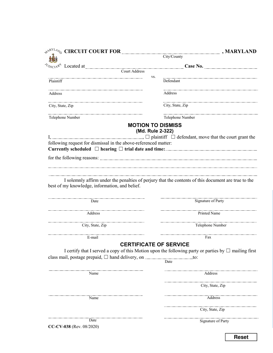 Form CC-CV-038 Motion to Dismiss (Md. Rule 2-322) - Maryland, Page 1