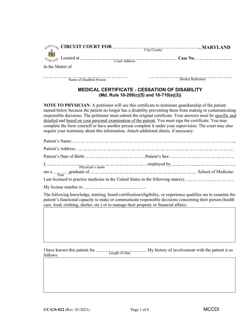 Form CC-GN-022 Medical Certificate - Cessation of Disability - Maryland, Page 1