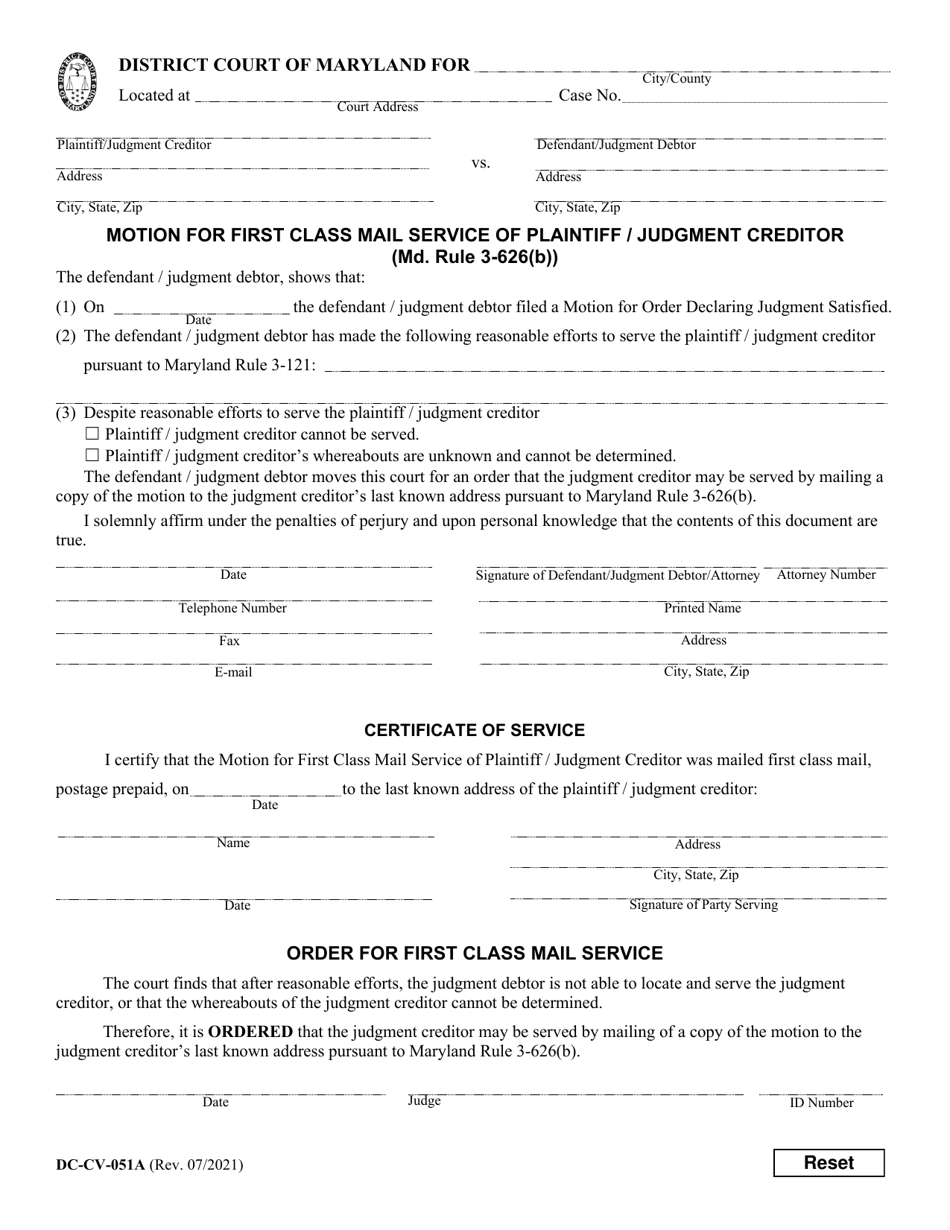 Form DC-CV-051A Motion for First Class Mail Service of Plaintiff / Judgment Creditor - Maryland, Page 1