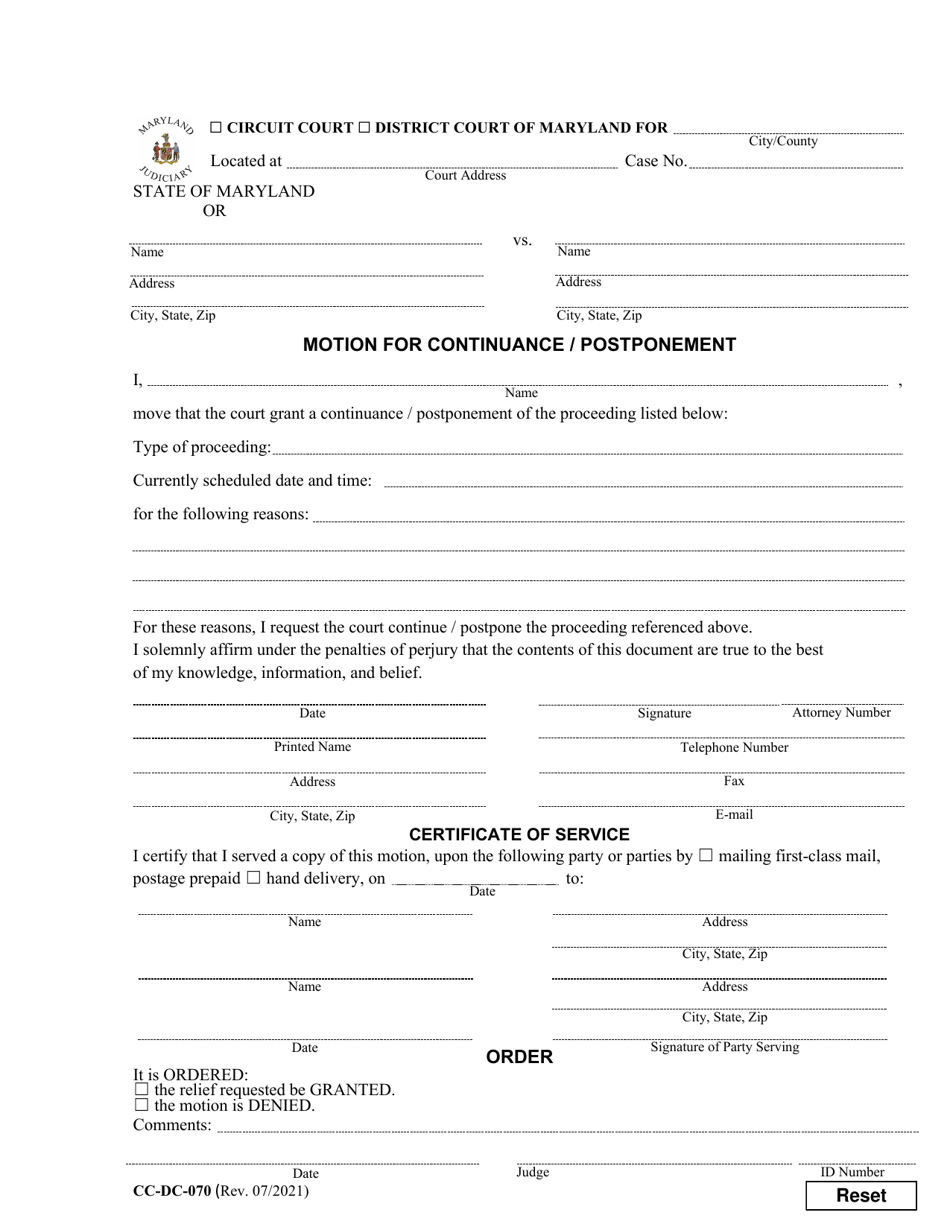 Form CC-DC-070 Motion for Continuance / Postponement - Maryland, Page 1
