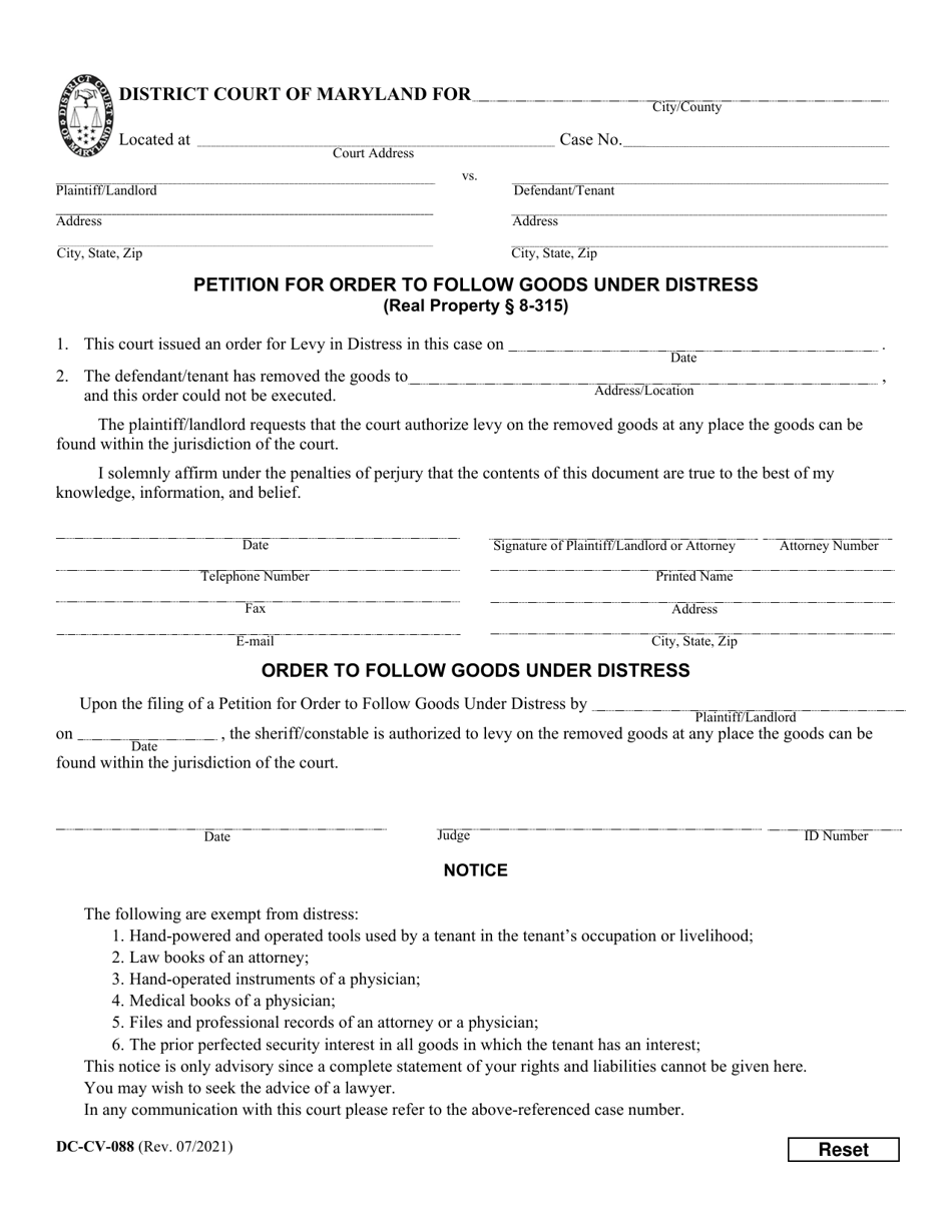 Form DC-CV-088 Petition for Order to Follow Goods Under Distress - Maryland, Page 1