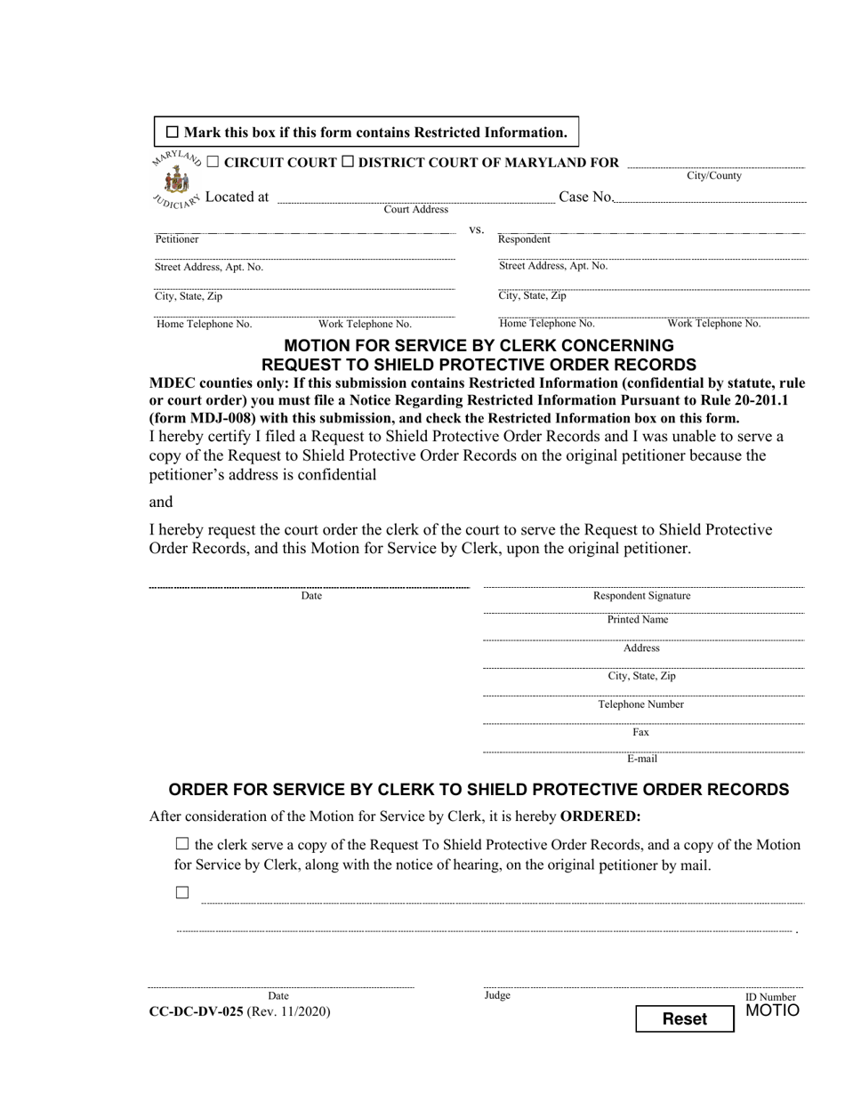 Form CC-DC-DV-025 Motion for Service by Clerk Concerning Request to Shield Protective Order Records - Maryland, Page 1
