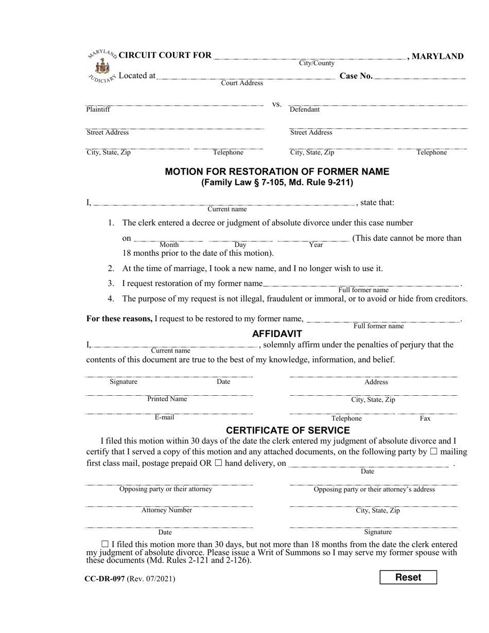 Form CC-DR-097 Motion for Restoration of Former Name - Maryland, Page 1