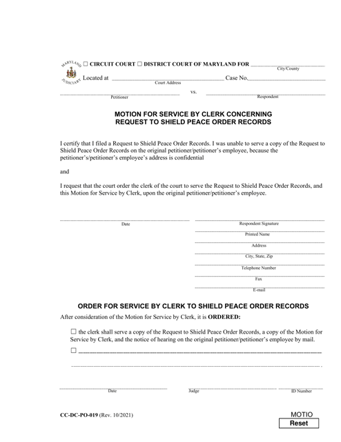 Form CC-DC-PO-019 Motion for Service by Clerk Concerning Request to Shield Peace Order Records - Maryland