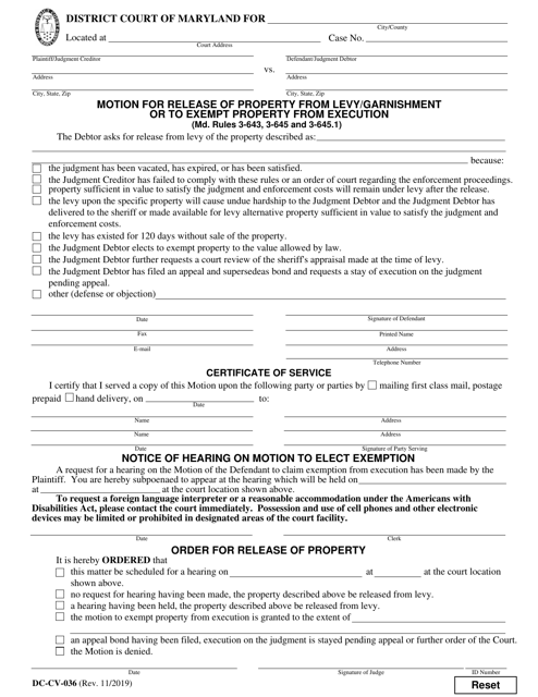 Form DC-CV-036 Motion for Release of Property From Levy/Garnishment or to Exempt Property From Execution - Maryland