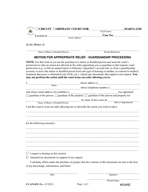 Form CC-GN-032 Motion for Appropriate Relief - Guardianship Proceeding - Maryland