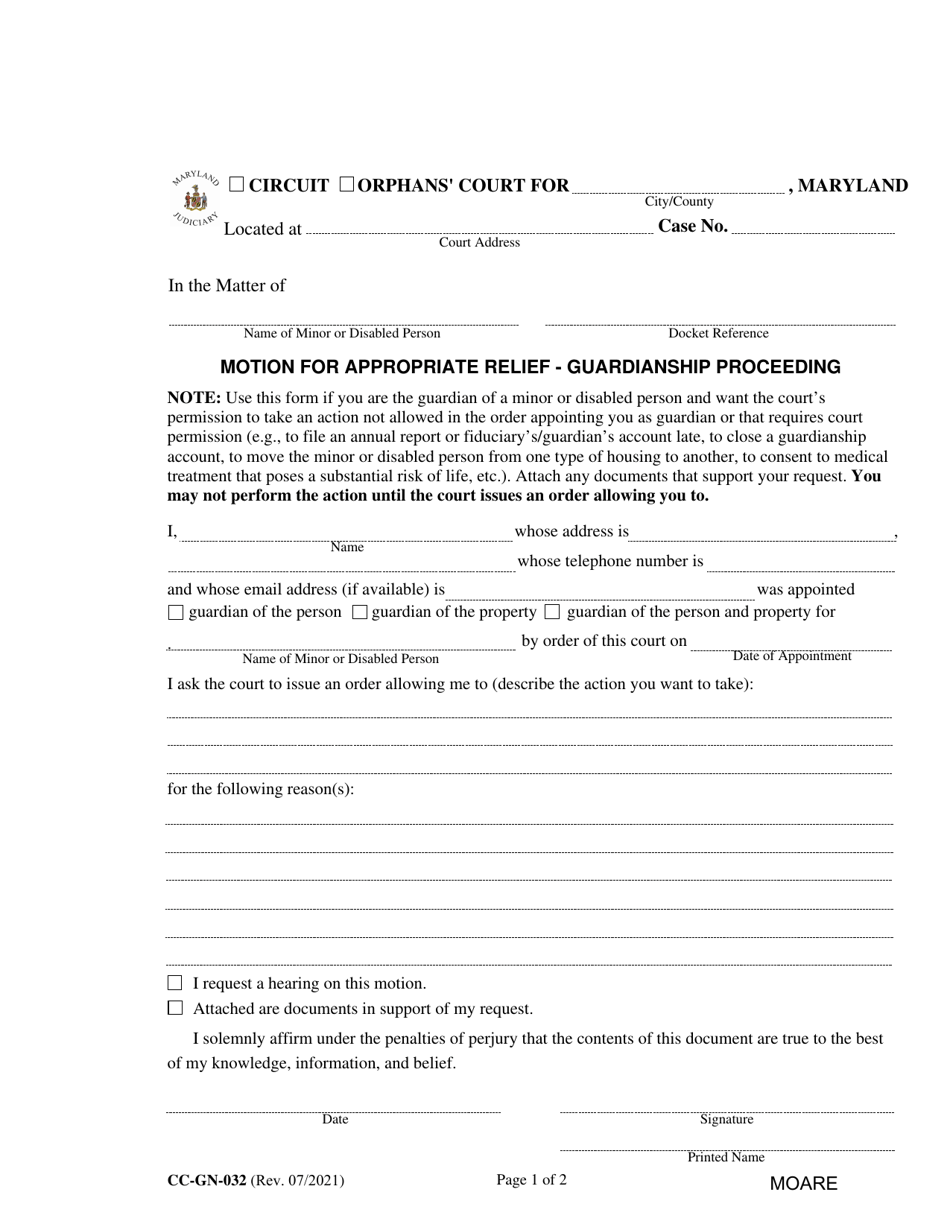 Form CC-GN-032 Motion for Appropriate Relief - Guardianship Proceeding - Maryland, Page 1