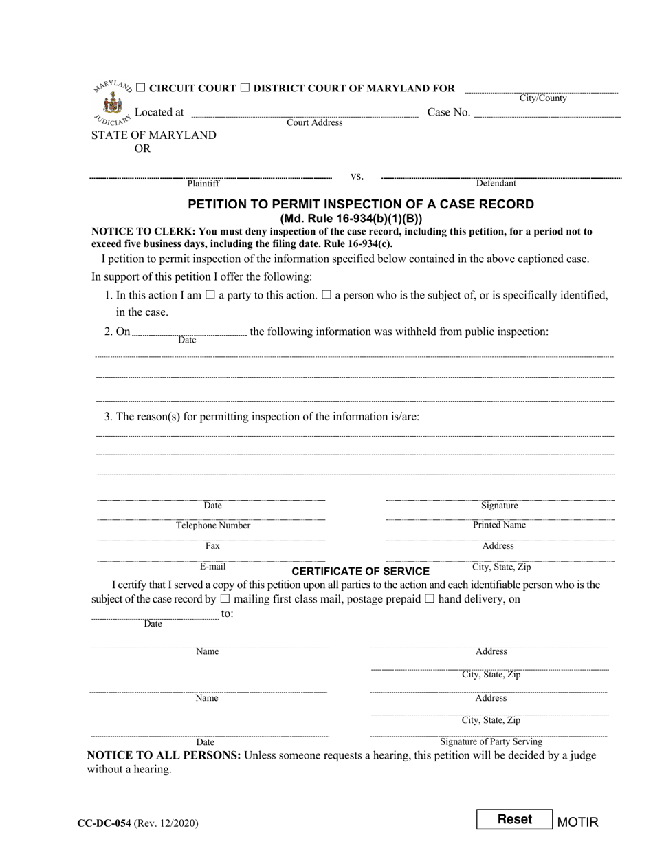 Form CC-DC-054 Motion to Permit Inspection of a Case Record - Maryland, Page 1