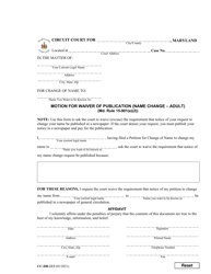 Document preview: Form CC-DR-113 Motion for Waiver of Publication (Name Change - Adult) - Maryland