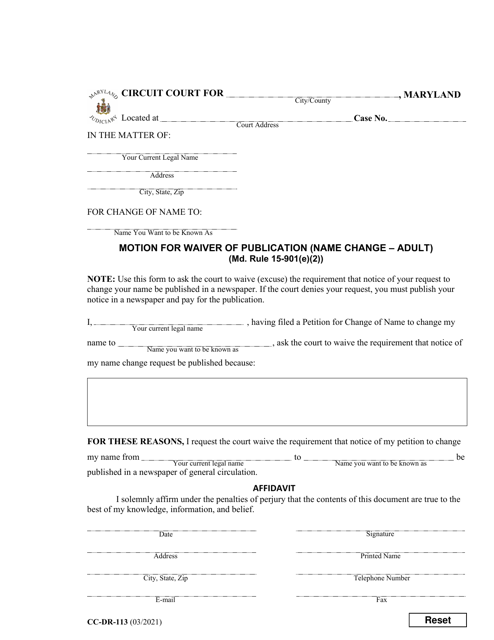 Form CC-DR-113 Motion for Waiver of Publication (Name Change - Adult) - Maryland