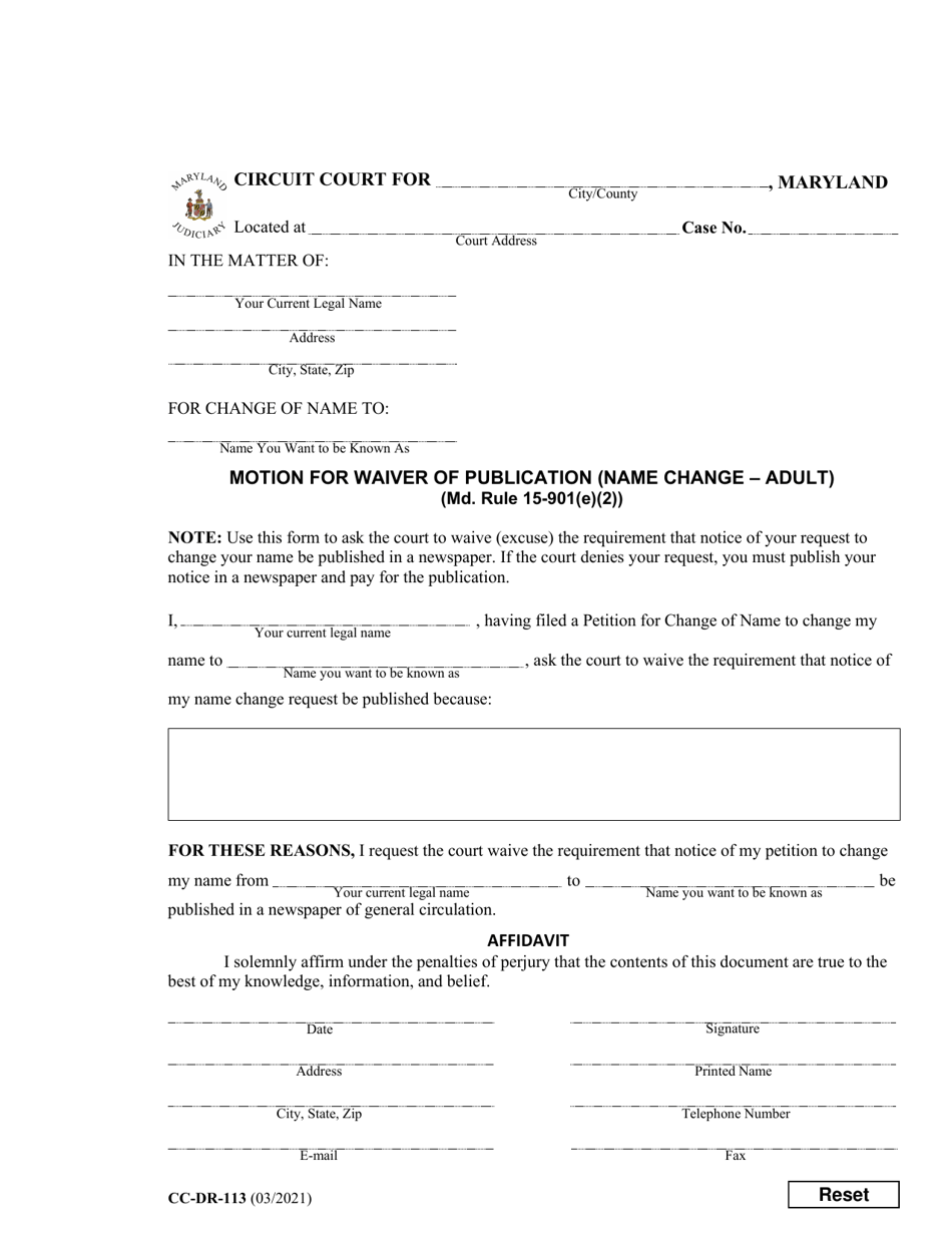 Form CC-DR-113 Motion for Waiver of Publication (Name Change - Adult) - Maryland, Page 1