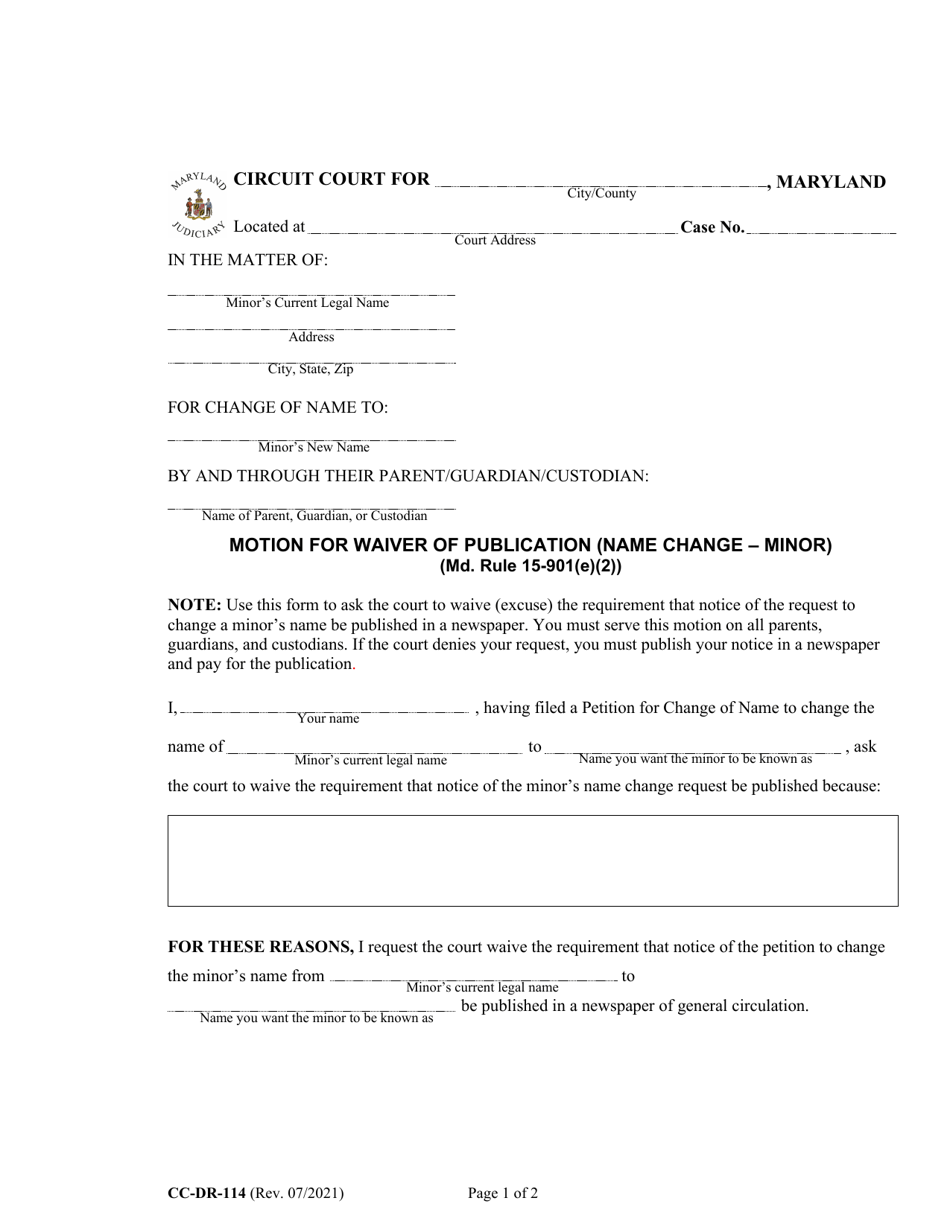 Form CC-DR-114 Motion for Waiver of Publication (Name Change - Minor) - Maryland, Page 1