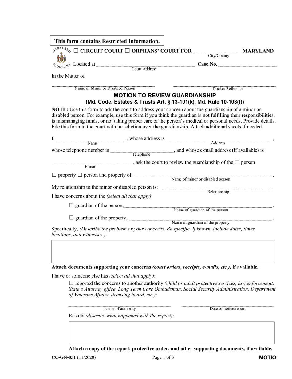 Form CC-GN-051 Motion to Review Guardianship - Maryland, Page 1
