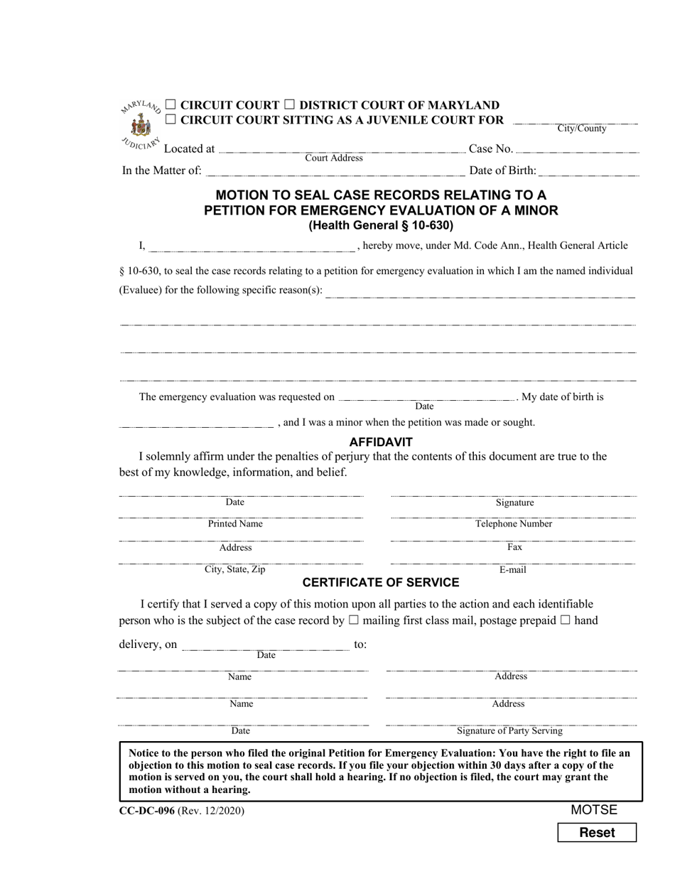 Form CC-DC-096 Motion to Seal Case Records Relating to a Petition for Emergency Evaluation of a Minor - Maryland, Page 1