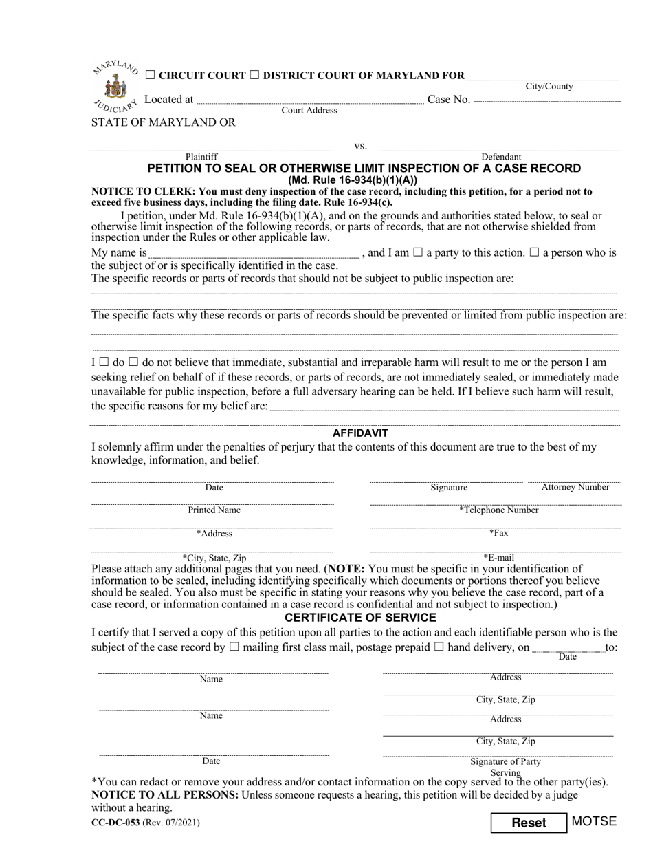 Form CC-DC-053 Motion to Seal or Otherwise Limit Inspection of a Case Record - Maryland, Page 1