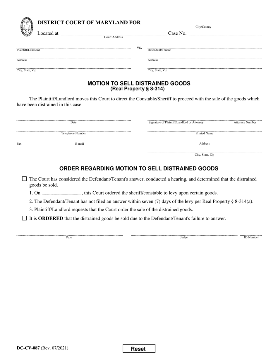Form DC-CV-087 Motion to Sell Distrained Goods - Maryland, Page 1