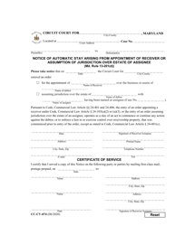 Document preview: Form CC-CV-074 Notice of Automatic Stay Arising From Appointment of Receiver or Assumption of Jurisdiction Over Estate of Assignee - Maryland