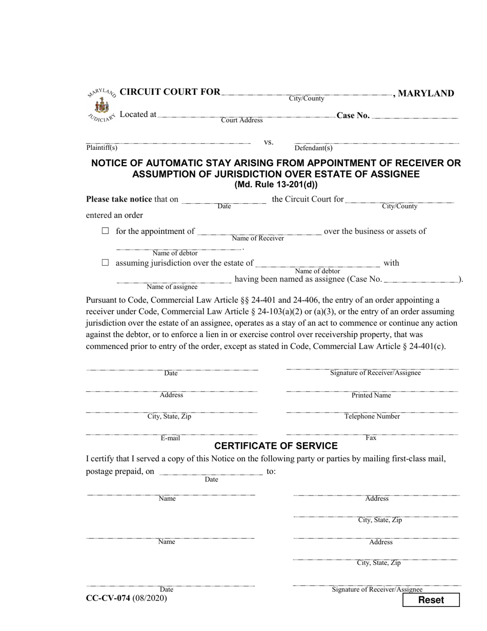 Form CC-CV-074 Notice of Automatic Stay Arising From Appointment of Receiver or Assumption of Jurisdiction Over Estate of Assignee - Maryland, Page 1