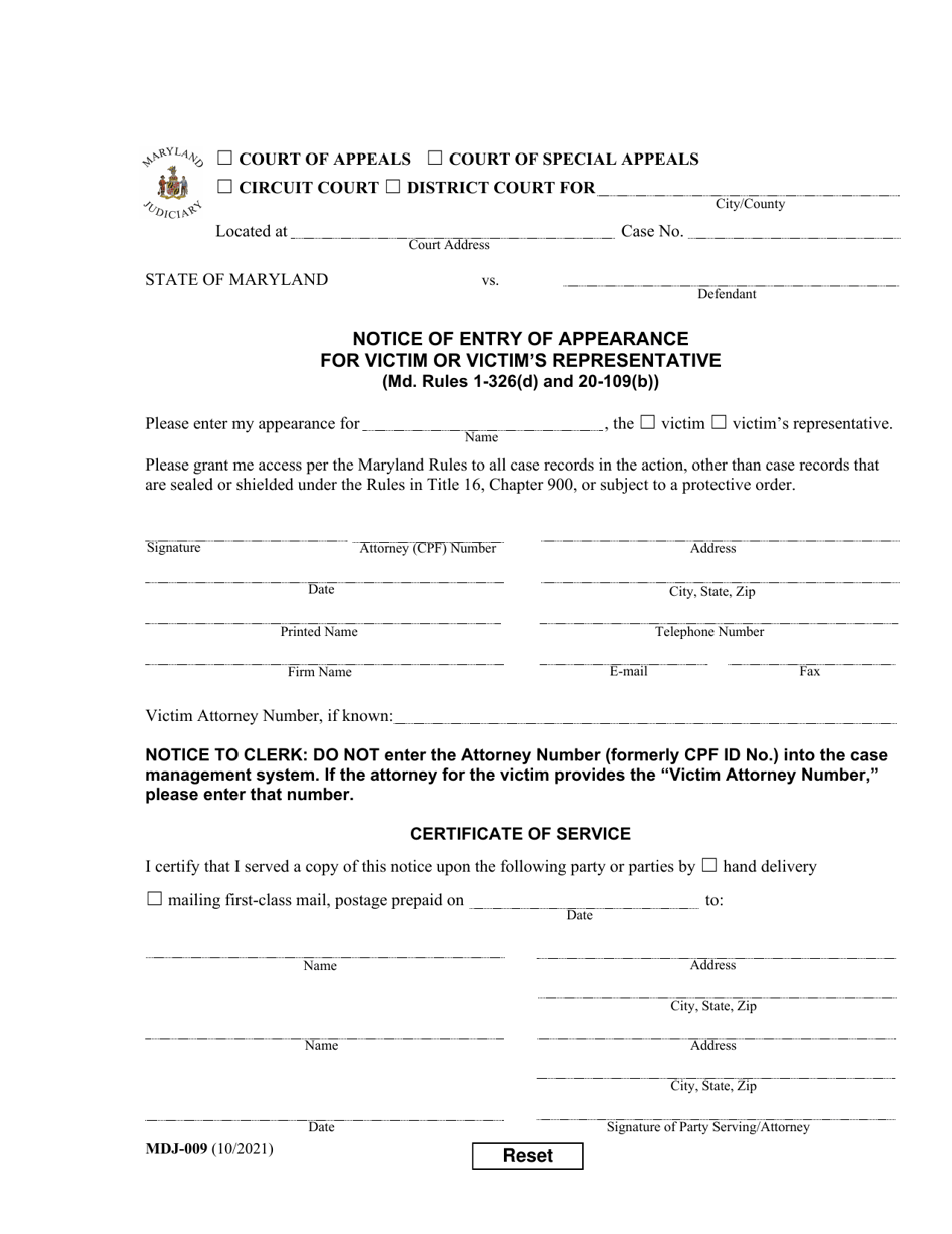 Form MDJ-009 Notice of Entry of Appearance for Victim or Victims Representative - Maryland, Page 1