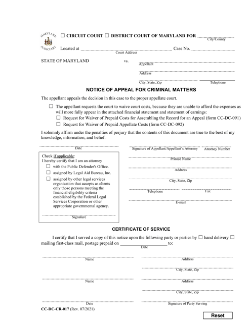 Form CC-DC-CR-017 Notice of Appeal for Criminal Matters - Maryland