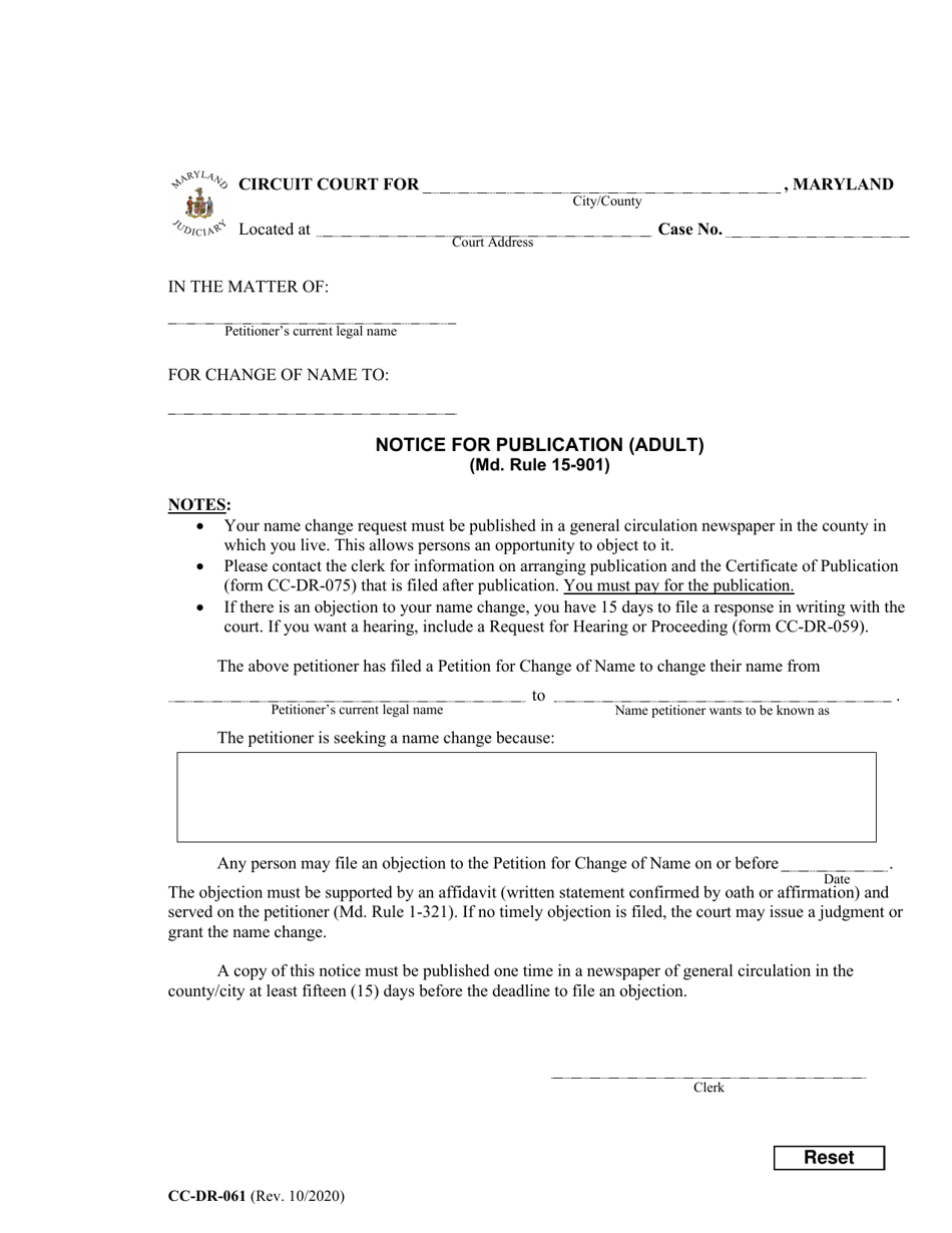 Form CC-DR-061 Notice for Publication (Adult) - Maryland, Page 1