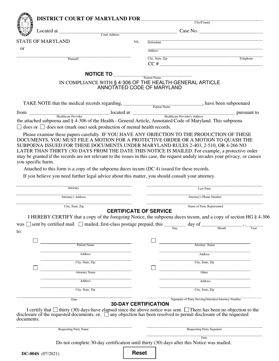 Form DC-004S Notice of Intent to Subpoena Medical Records - Maryland, Page 1