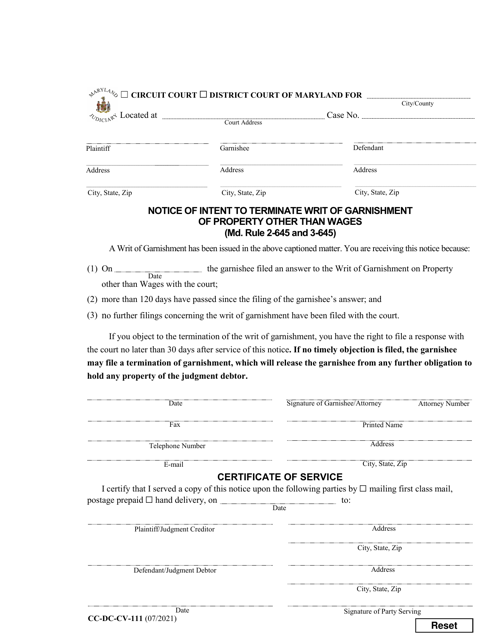 Form CC-DC-CV-111 Notice of Intent to Terminate Writ of Garnishment of Property Other Than Wages - Maryland