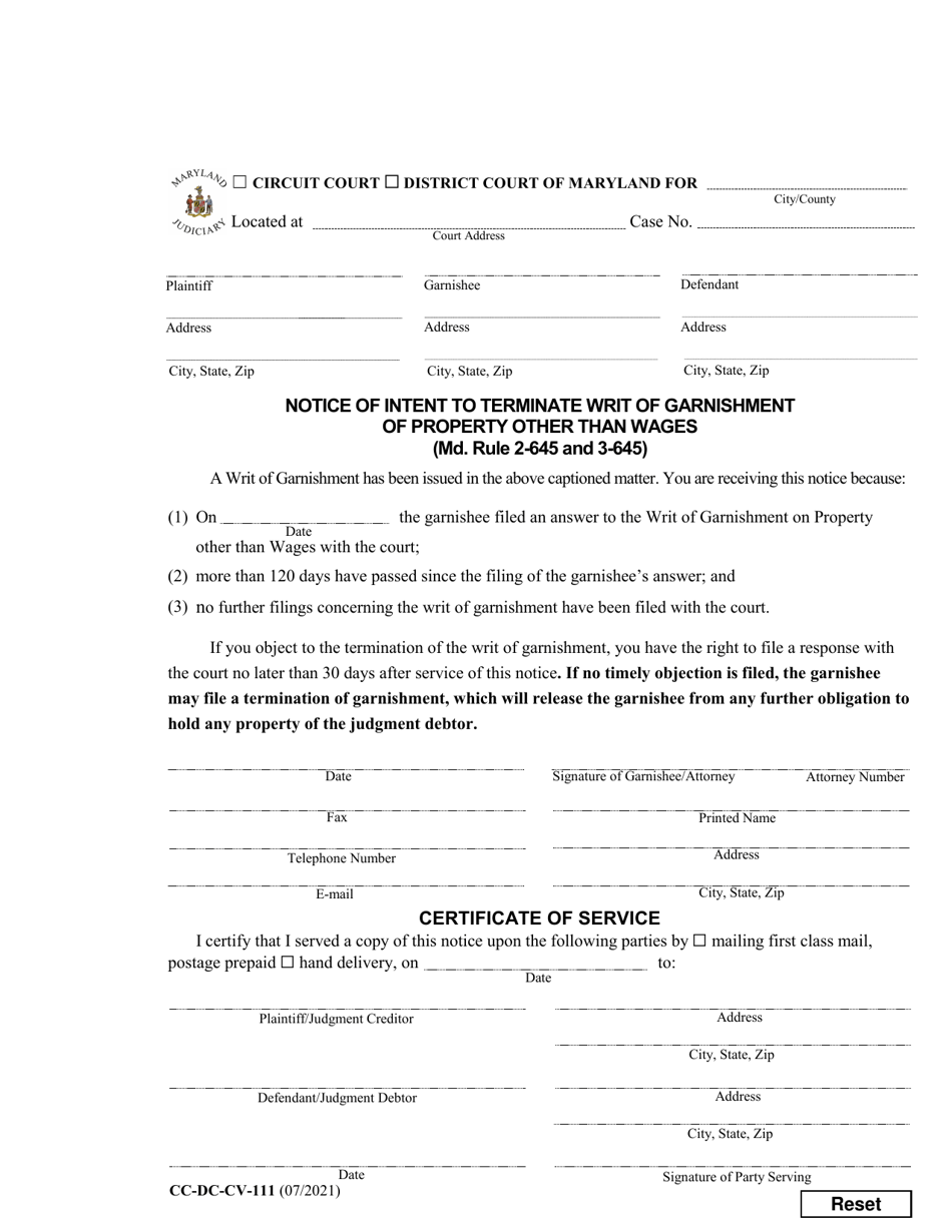 Form CC-DC-CV-111 Notice of Intent to Terminate Writ of Garnishment of Property Other Than Wages - Maryland, Page 1