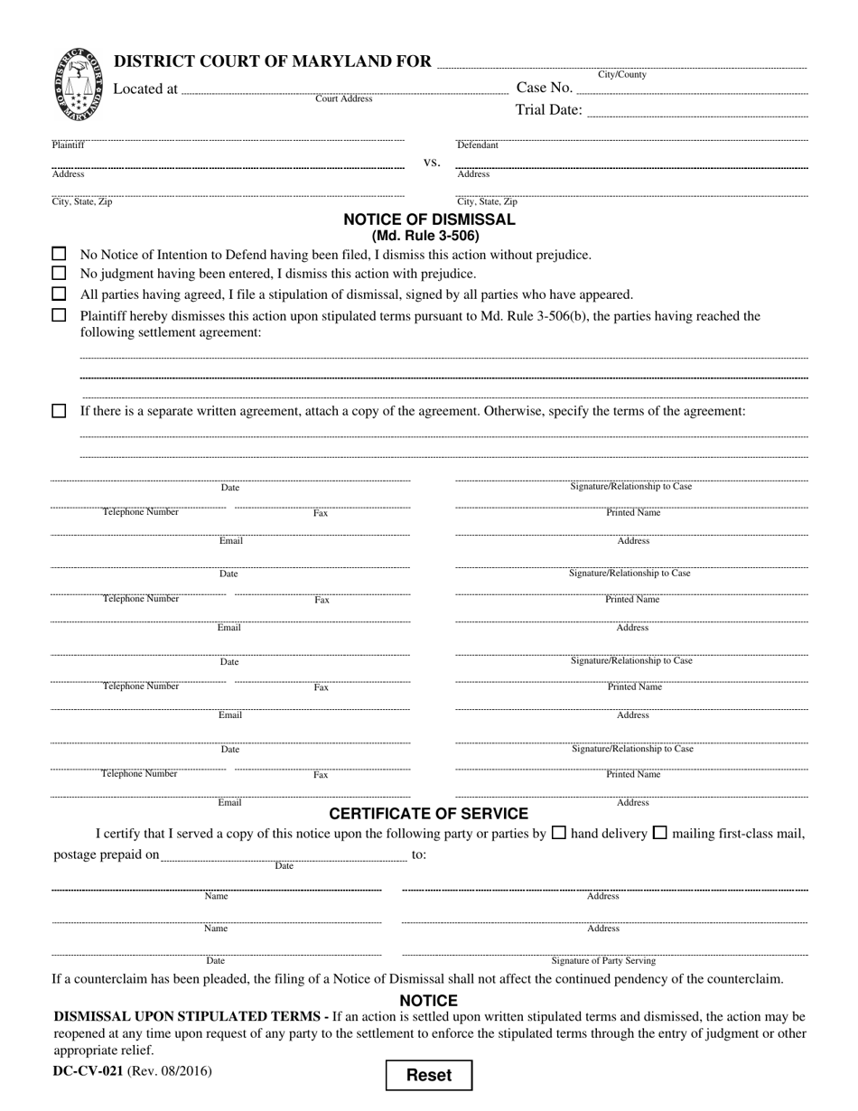 Form DC-CV-021 Notice of Dismissal - Maryland, Page 1