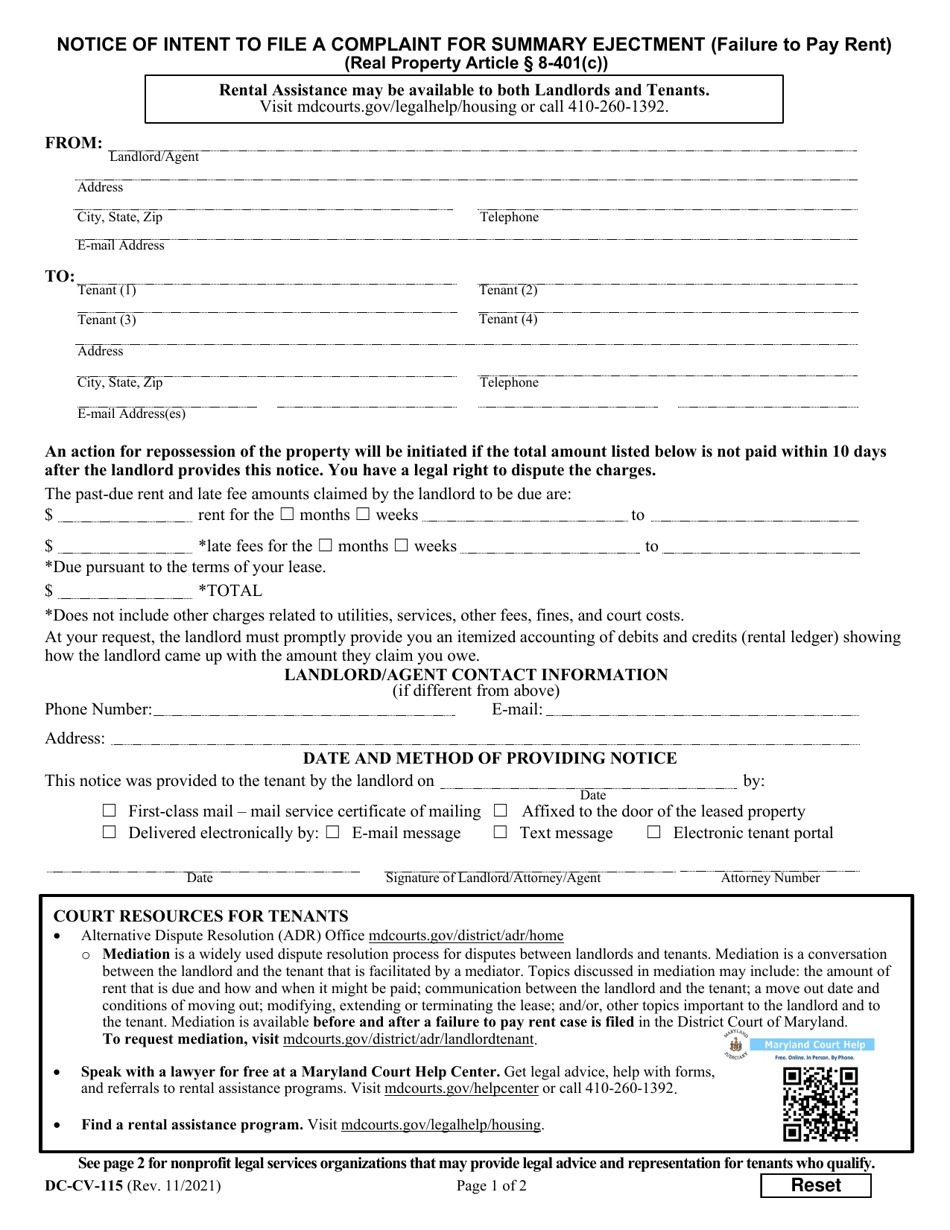 Form DC-CV-115 Notice of Intent to File a Complaint for Summary Ejectment (Failure to Pay Rent) - Maryland, Page 1