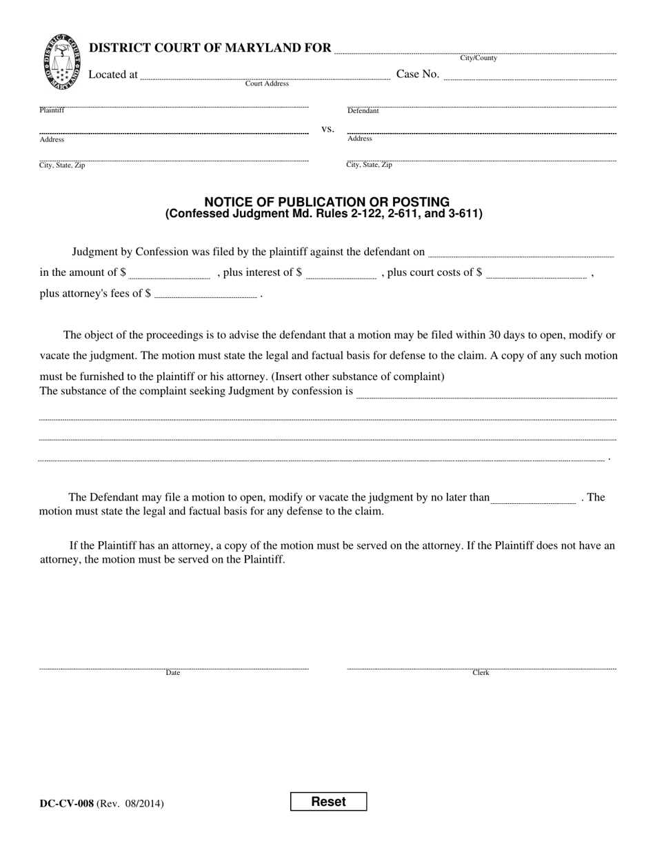 Form DC-CV-008 Notice of Publication or Posting - Maryland, Page 1