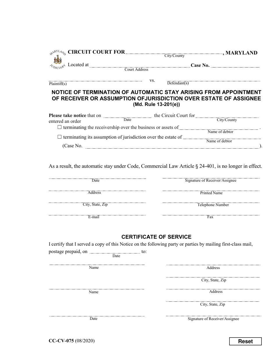 Form CC-CV-075 Notice of Termination of Automatic Stay Arising From Appointment of Receiver or Assumption of Jurisdiction Over Estate of Assignee - Maryland, Page 1