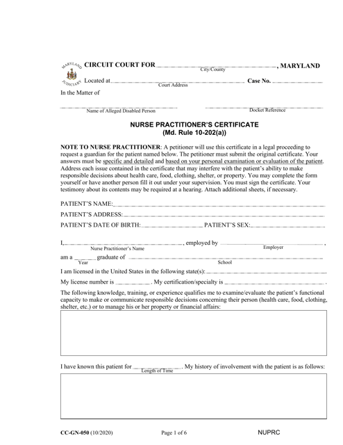 Form CC-GN-050 Nurse Practitioner's Certificate - Maryland
