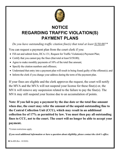 Form DCA-133 Notice Regarding Traffic Violation(S) Installment Payment Plans - Maryland