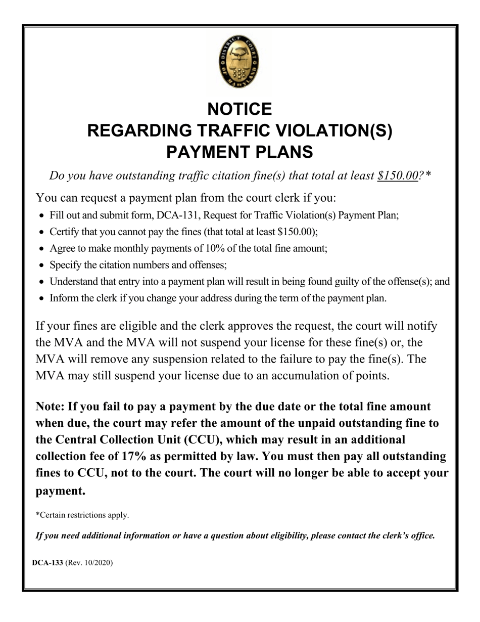 Form DCA-133 Notice Regarding Traffic Violation(S) Installment Payment Plans - Maryland, Page 1