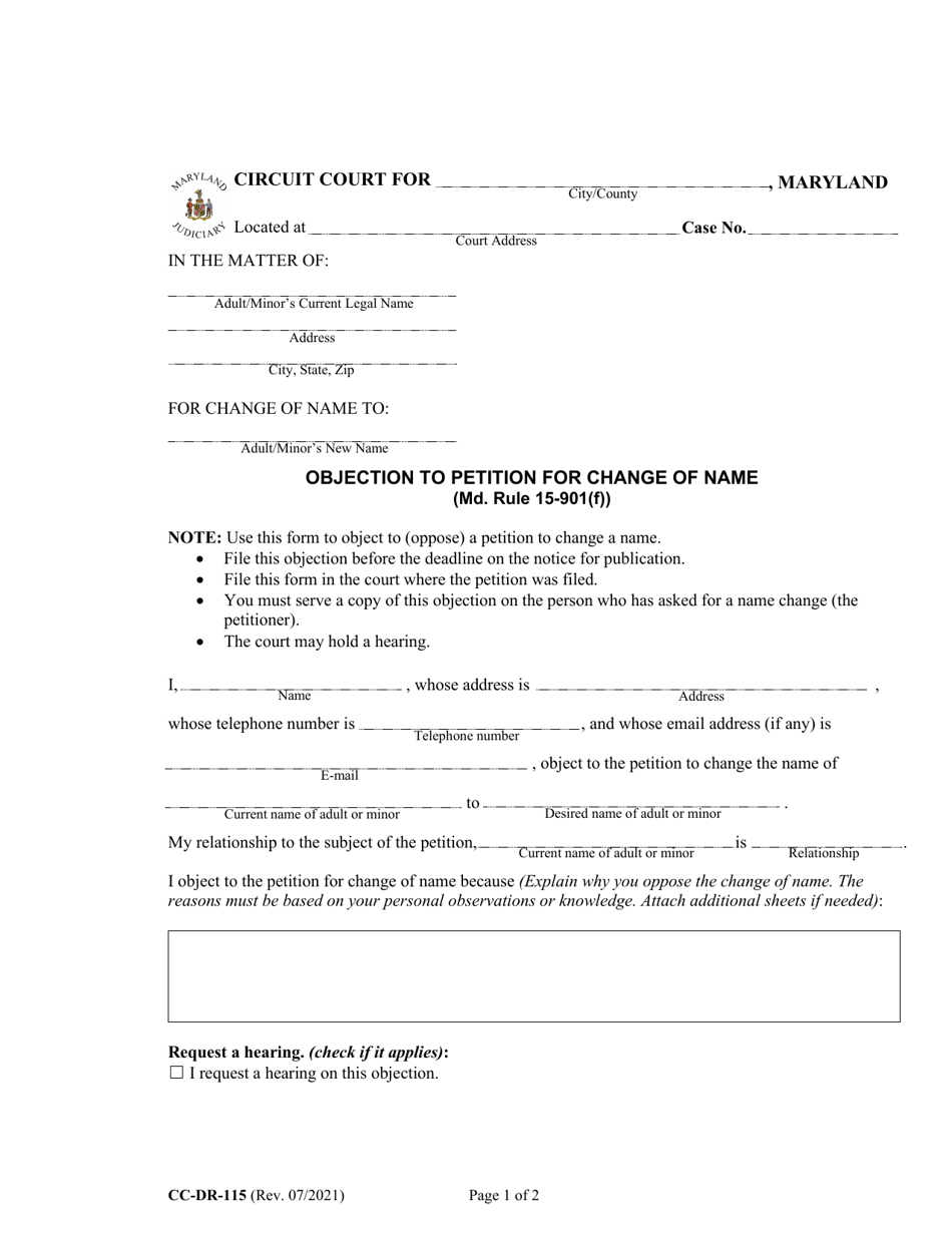 Form CC-DR-115 Objection to Petition for Change of Name - Maryland, Page 1